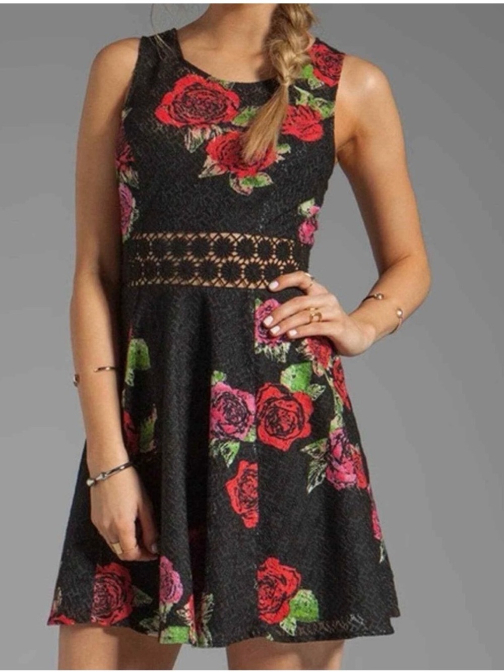Free People Black Floral Lace-Inset Mini Dress with Red & Pink Roses